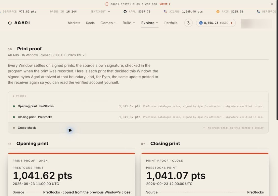 AI Labs proof page showing PreStocks opening and closing prints in index points and their recording transactions.