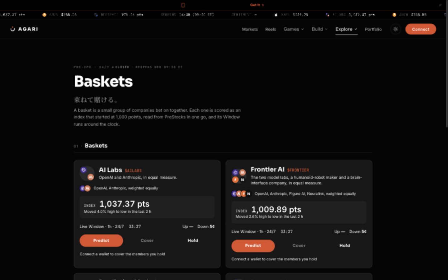 Agari Baskets page with AI Labs and Frontier AI cards. Each shows index points and Predict, Cover and Hold actions.