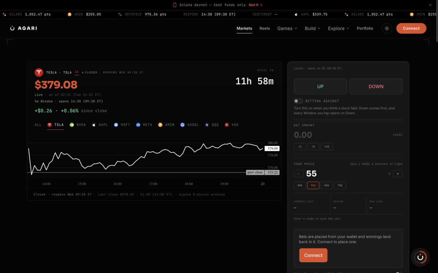 Agari Markets desktop page with TSLA last price, a countdown to the next Window and the signed-out Up/Down ticket.