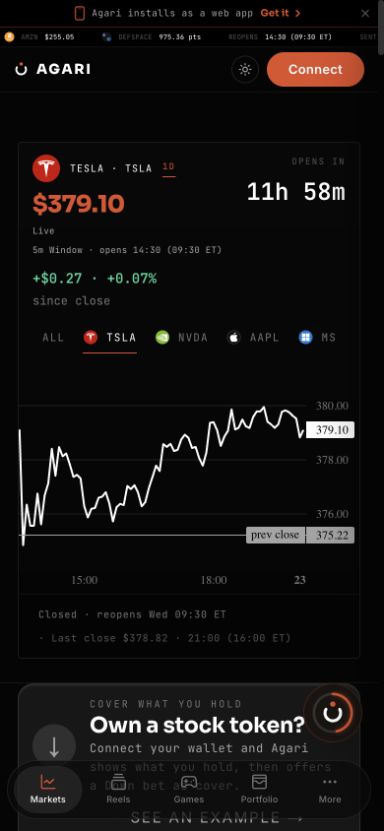 Agari Markets at a 390-pixel viewport, with the TSLA chart and bottom navigation visible.