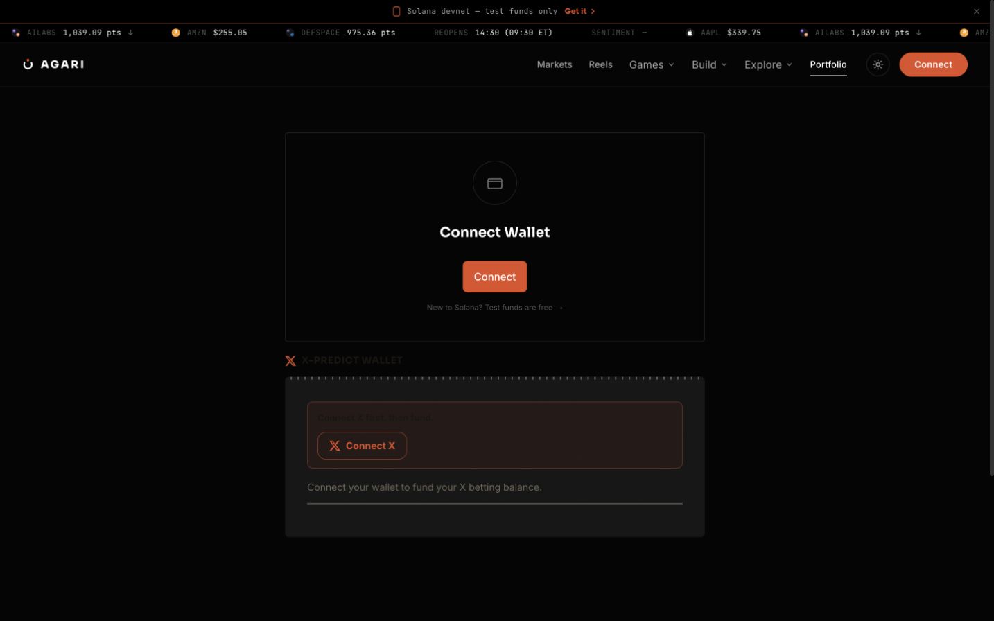 Agari Portfolio with a Connect Wallet gate and a separate X-Predict wallet panel.