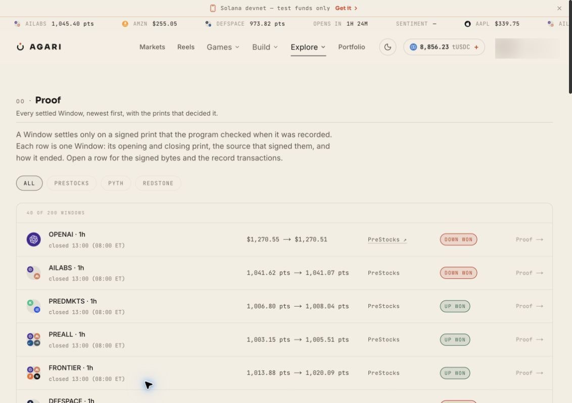 Agari Proof feed listing settled PreStocks Windows with opening and closing prints in dollars or basket points.